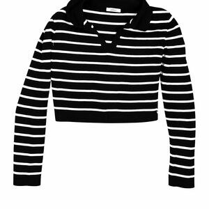 Addax Women's Black & White Striped Long Sleeve Polo Tee